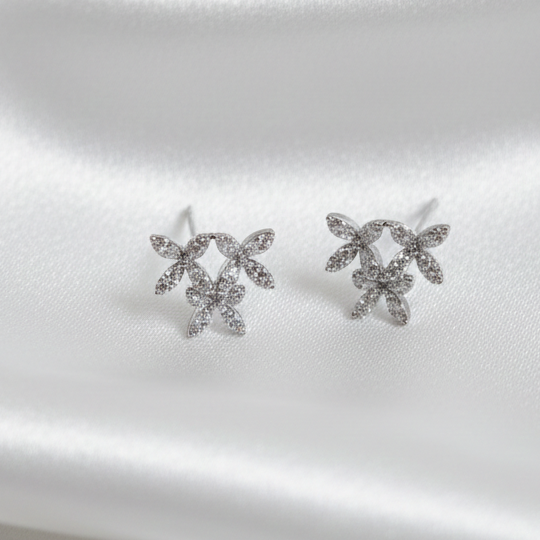 Delicate Silver Floral Cluster  Stud Earrings