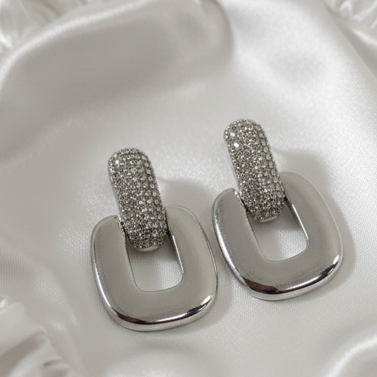 Silver Geometric Pavé Drop Earrings