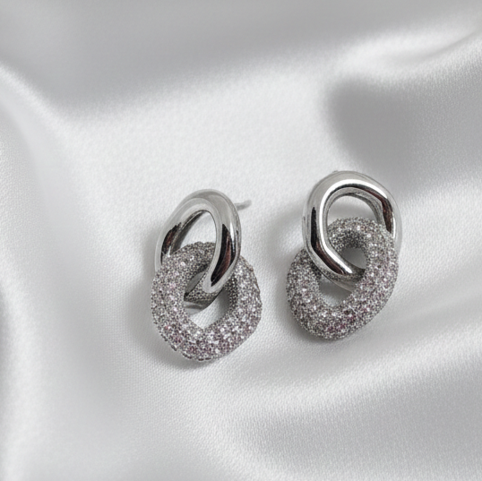 Silver Interlocking Pavé & Polished Oval Drop Earrings