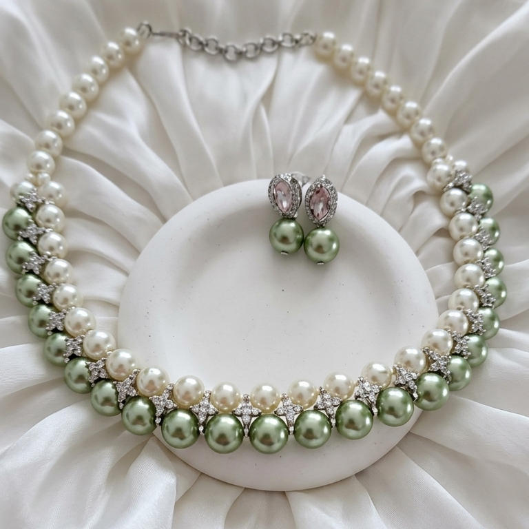 Royal Pearl Contrast Necklace & Earrings Set