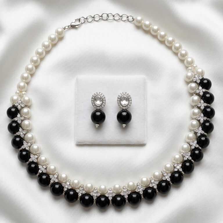 Royal Pearl Contrast Necklace & Earrings Set