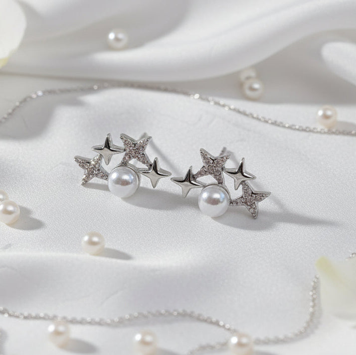 Celestial Starburst and Pearl Stud Earrings
