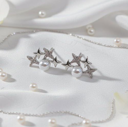 Celestial Starburst and Pearl Stud Earrings