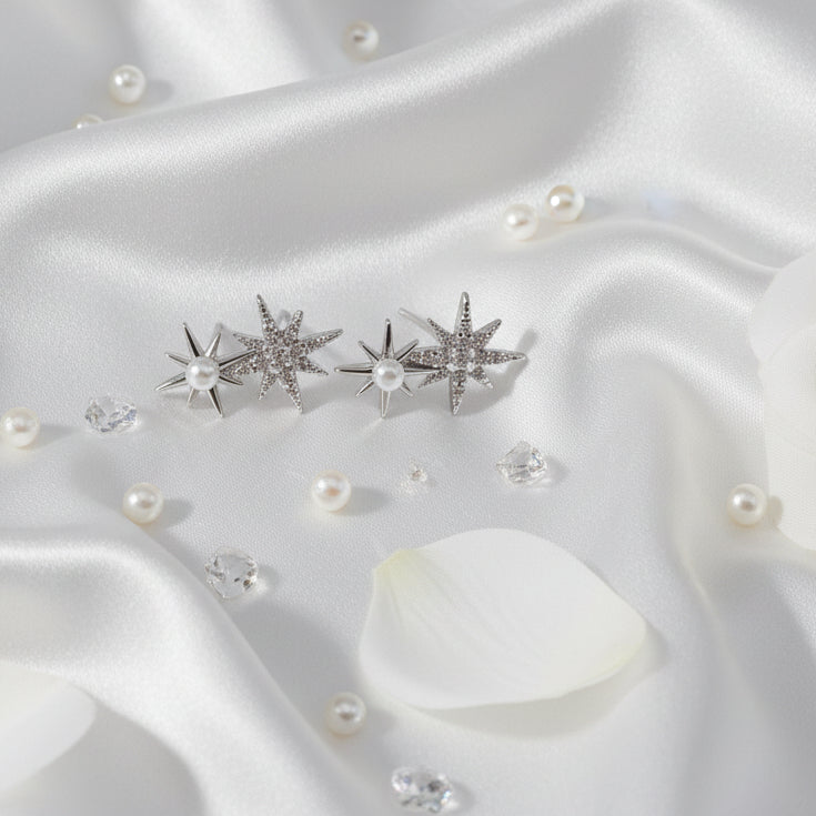 Silver Celestial North Star and Pearl Dual Stud Earrings