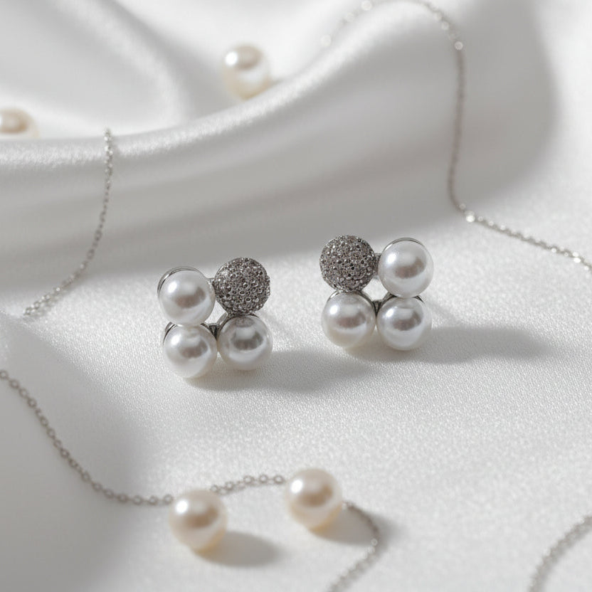 Pearl and Pave Crystal Cluster Stud Earrings