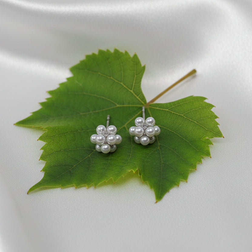 Elegant Silver-Tone Pearl Berry Cluster Stud  Earrings