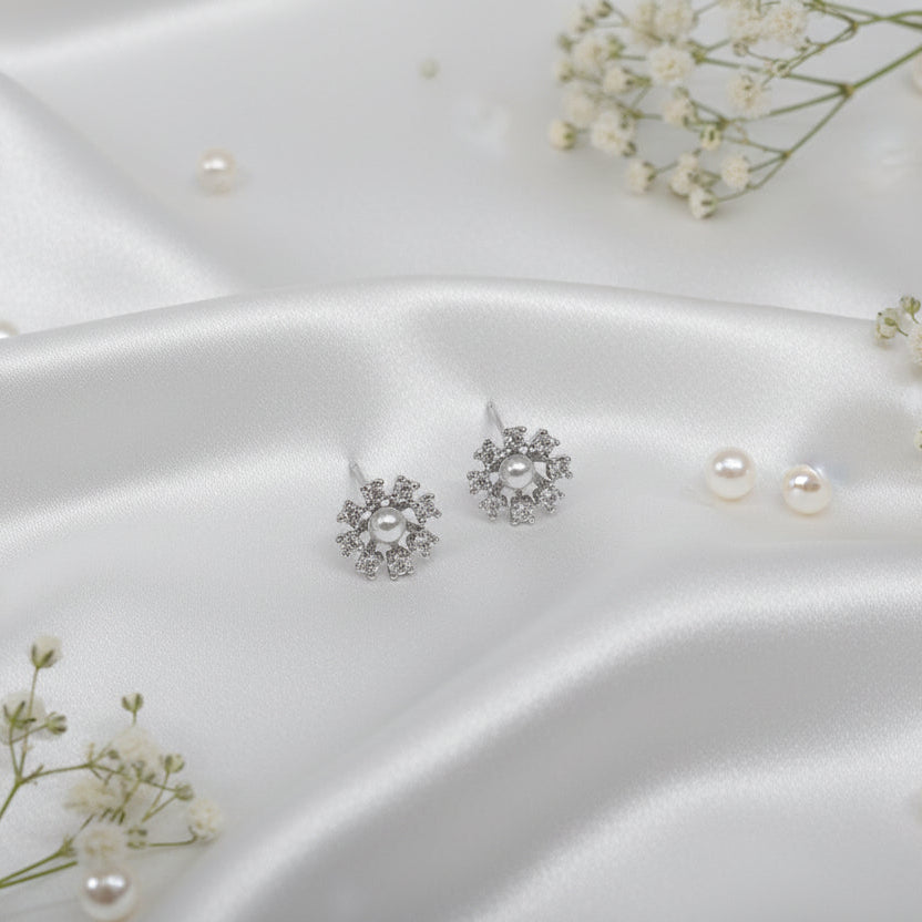 Dainty Silver Floral Halo Pearl Stud Earrings