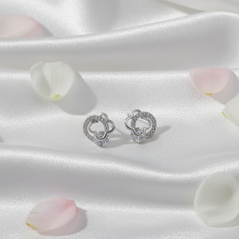 Silver Clover Pave Crystal Stud Earrings