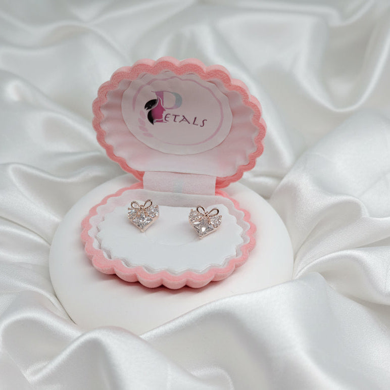 Heart-Cut Ribbon Bow Stud Earrings