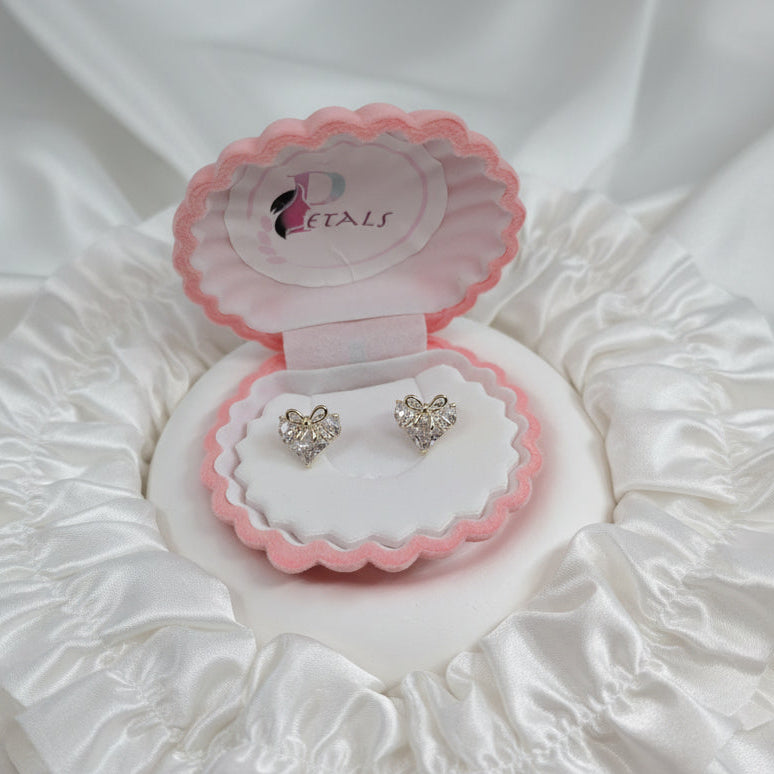 Heart-Cut Ribbon Bow Stud Earrings