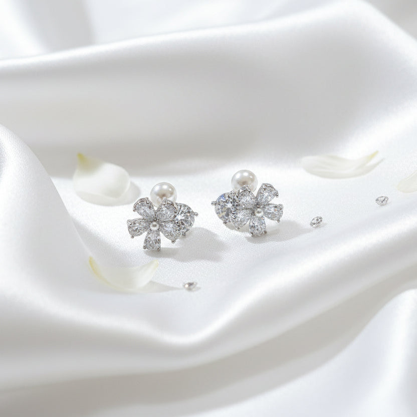 Flora Pearl & Crystal Cluster Stud Earrings