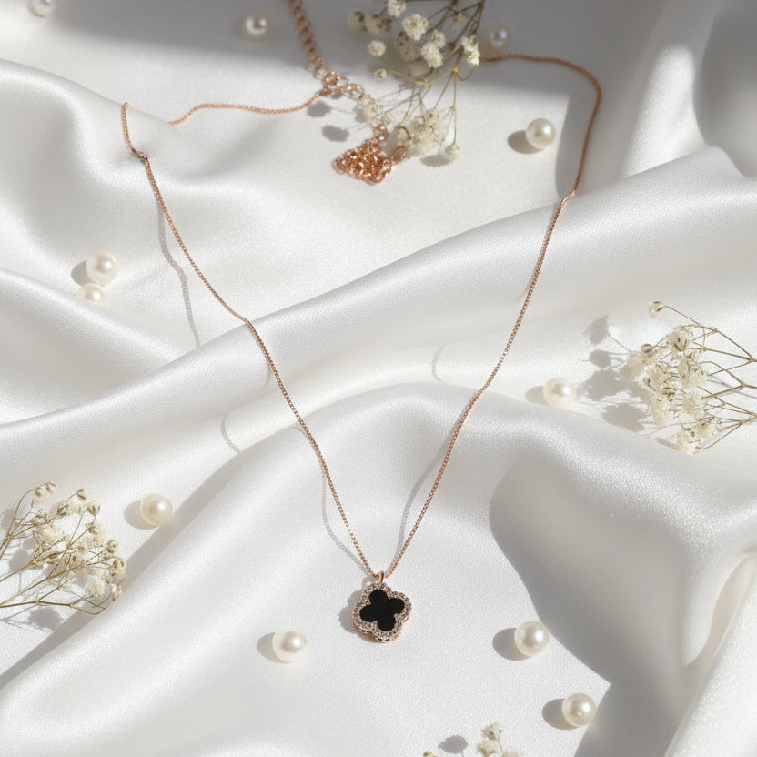 Clover Pendant Necklace with Black Inlay and Pavé Border