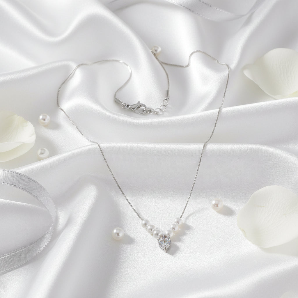 Heart Crystal & Faux Pearl Chevron Necklace