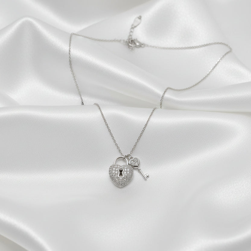"Key to My Heart" Crystal Padlock Pendant  Necklace