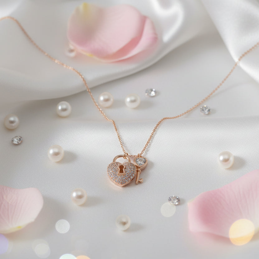 "Key to My Heart" Crystal Padlock Pendant  Necklace