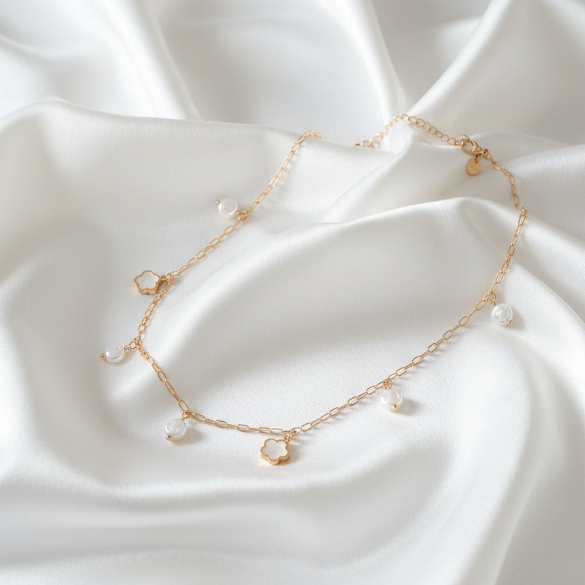 Mother of Pearl Flower & Disk Charm Necklace